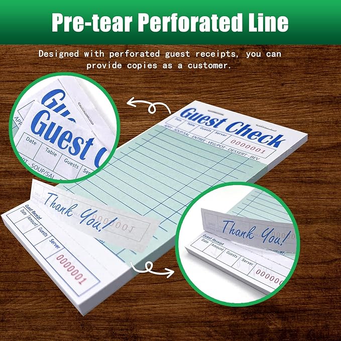 Guest Check Books 6 Pack, Guest Checks for Servers, Server Note Pads, Waitress Accessories Writing Pad, Thick Server Paper with Guest Receipts, Restaurant Supplies Order Pad Total 300 Sheets