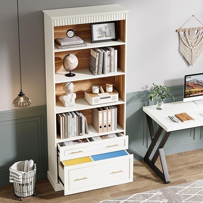 Tribesigns Way to Origin 2-Drawer Vertical File Cabinet for Letter Size, Moder Filing Cabinet with 5-Tier Bookshelf, Large Printer Stand with Open Storage Shelves for Home Office (White)