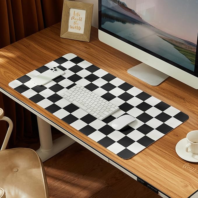 Ohocut Checkered Desk Mat, Large Cute Aesthetic Retro PU Leather Computer Laptop Desk Mat, Non-Slip Waterproof Mouse Keyboard Pad, Desk Writing Mat for Work/Home (Black, 23.6" x 13.7")