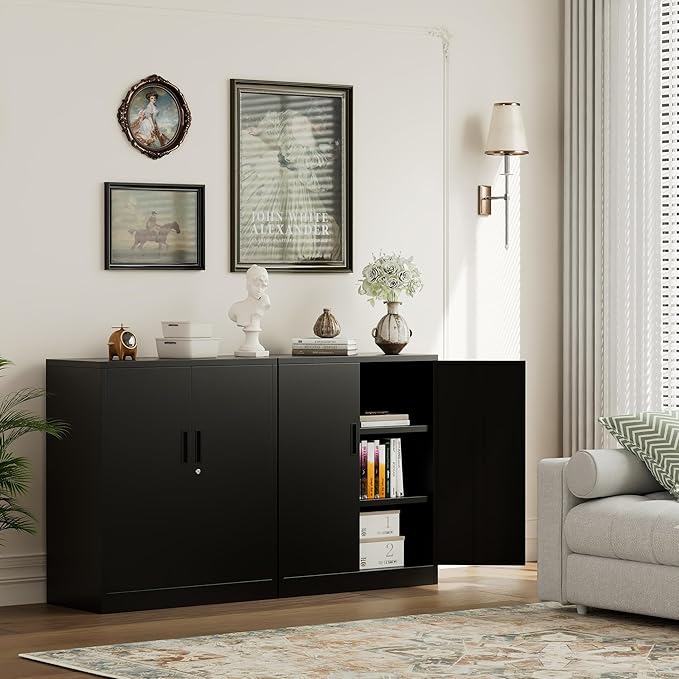 TaskStorz Metal Garage Storage Cabinets，Metal File Cabinet with 2 Adjustable Shelves, Lockable Storage Cabinets for Office, Home, Garage, Warehouse 36" H x 31.5" W x 15.7" D (Black)