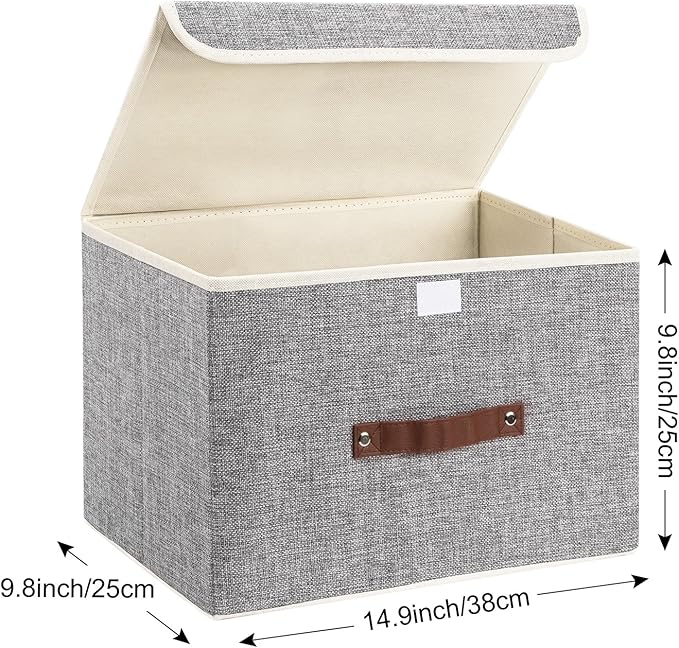 TYEERS Collapsible Storage Boxes, Washable Fabric Storage Bins with Lids, 14.9x9.8x9.8 inches, 2 Pack, Gray
