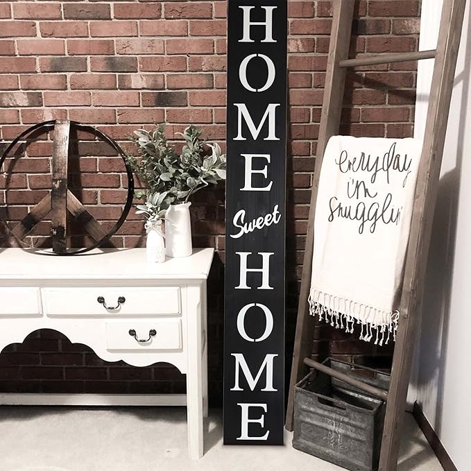 Home Sweet Home Sign for Front Door, Wood Rustic Front Porch Décor, Farmhouse Porch Sign Decorations, Outdoor Signs for Porch, Indoor Outdoor Decorations, Vertical 6ft (Black)