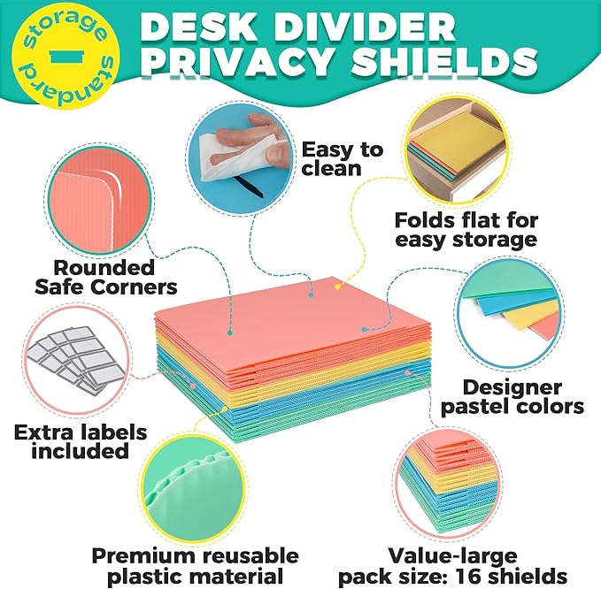 16 Pack Desk Privacy Folders for Students Desk Divider - Designer Pastel Color Privacy Folders for Students - Easy to Clean Strong Plastic Privacy Shield Desk Dividers for Students Classroom Supplies