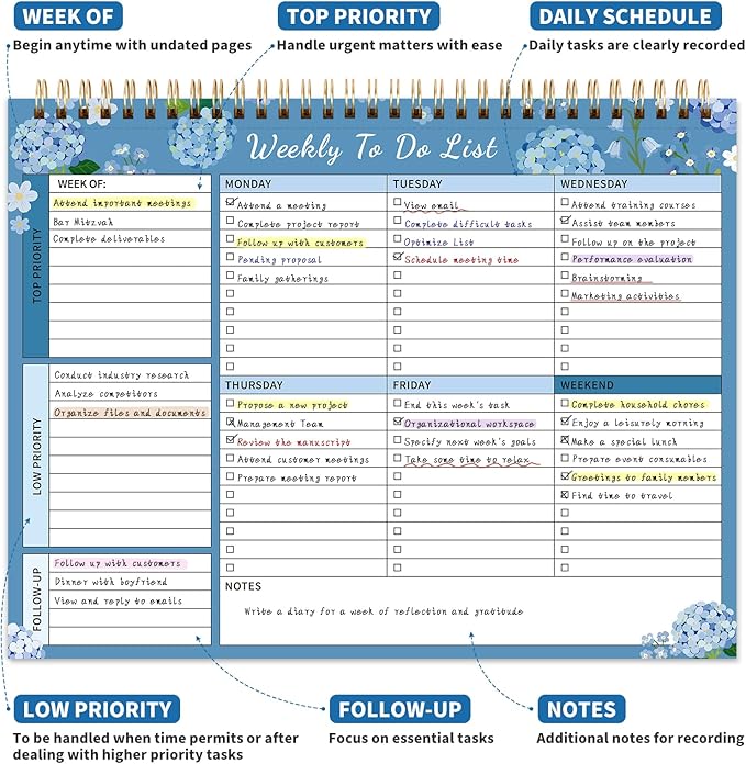 104 Pgs Weekly To Do List Notepad, 52 Duplex-Printed Undated Sheets 100 GSM（8.5"×11") Weekly Desk Planner For Work Home School Office Desk Accessories Supplies & Goal Setting Tasks -Blue Hydrangea