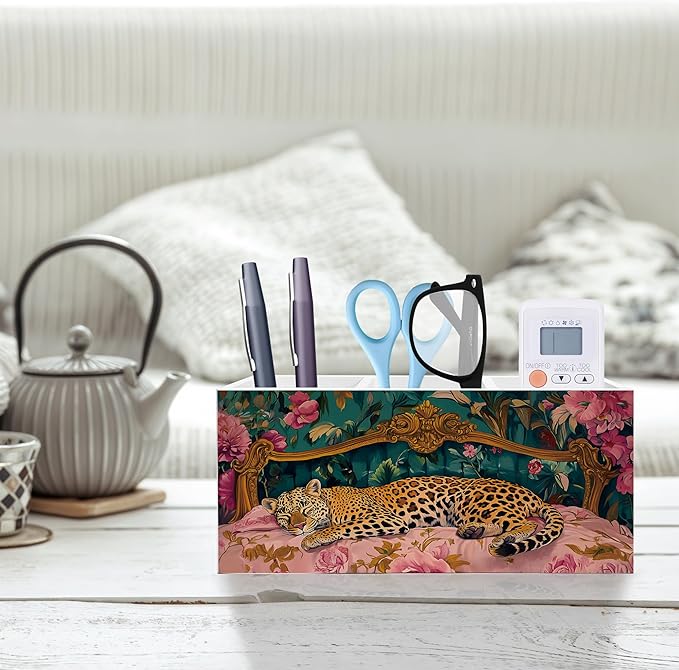 Exqcom Trendy Retro Leopard Pen Pencil Holder, Leopard Print Gifts for Women, Eclectic Maximalist Sleeping Cheetah Pencil Pen Holder Organizer for Home Office Desk Accessories