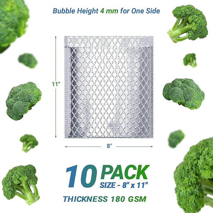 Amiff Silver Thermal Bubble Mailer, 8 x 11 Inches. 10 Pack Metallic Bubble Mailers. Self-Seal Insulated Mailers for Cold Shipping. Padded Envelopes Waterproof. Thermal Bag for Food, Cosmetics