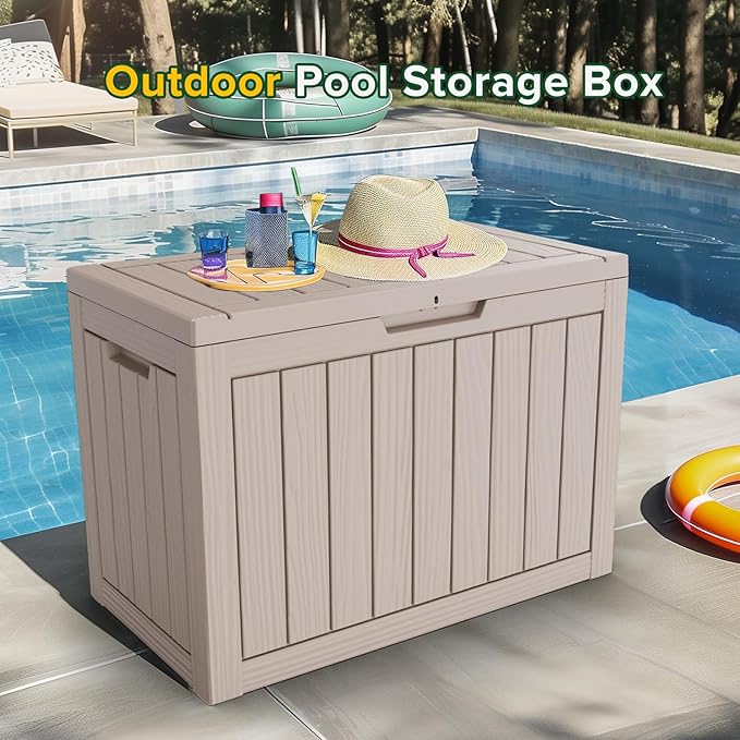 Decksplore 45 Gallon Outdoor Storage Box Waterproof Lockable Resin Deck Box Large, Patio Storage Bin for Pool Accessories Cushion Furniture, Garden Tools, UV-Resistant Outside Delivery Light Coffee