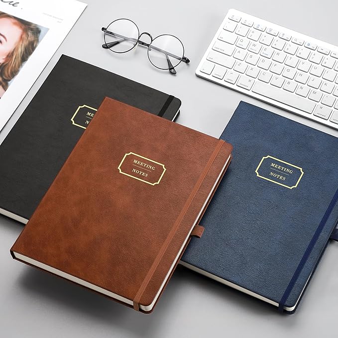 EMSHOI Meeting Notebook for Work with Action Items - 320 Pages B5 Thick Project Planner Agenda Organizer Work Notebook for Women Men Office Business Notes, PU Leather Hardcover, 7.5" x 10", Black