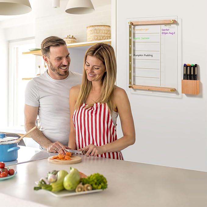 Clear Gold Glass Weekly Dry Erase Calendar Whiteboard with Wood Decoration for Wall, Menu & Meal Planner White Board for Home Kitchen, 15x11, Wood Marker Holder and 4 Markers Included, Yeoux