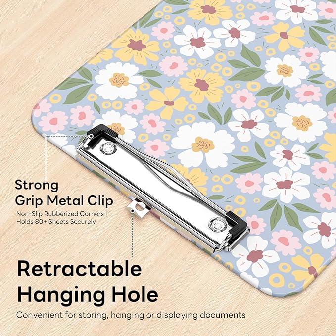 Luminzo Plastic Cute Clipboard Low-Profile Metal Clip, A4 Letter Size 9 x 12.5 in, 8.5 x 11 Paper Clip Board for Teachers, Nurses, Classroom,Daisy