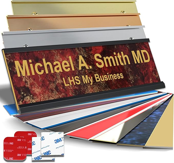 Custom Name Plate with Choice of Mounting for Walls, Doors, Cubicles, Hanging and More - Personalized Rustico Granite Plastic Gold Letters - USA Made 2x12 - S7