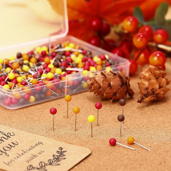 WILLBOND 500 Pack Map Push Pins Map Tacks Small Round Head Push Pins Thumb Tacks for Travel Picture Photo Bulletin Board Wall DIY Craft School Office Home(Red, Orange, Yellow, Brown,1/6 Inch)