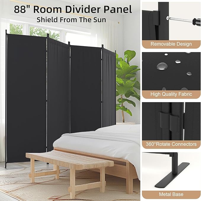 Kecreque Room Divider 4 Panel Partition Room Dividers & Folding Privacy Screens w/ 3 Metal Feet 6FT Portable Wall Doubles as a Dressing Screen Portable Wall for Office Kitchen Children's Room,Black