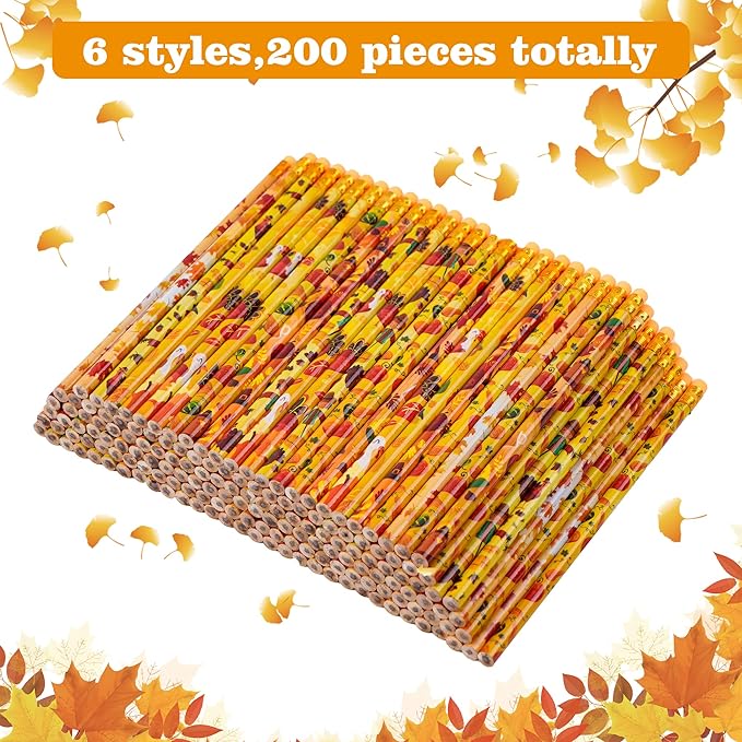 Kolewo4ever 200 Pieces Thanksgiving Pencils Assortment Cylinder Wood Pencil Maple Leaf Autumn Turkey Pencil for Thanksgiving Pumpkin Autumn Gift,6 Styles