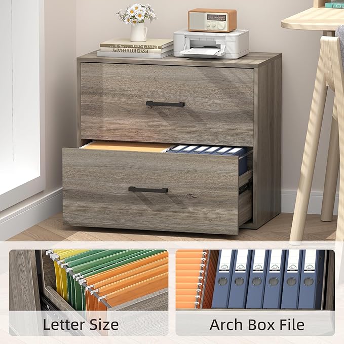 FATIGOS 2 Drawer File Cabinet, Wood Lateral File Cabinet, Wide Filing Cabinets for Home Office, Farmhouse File Cabinet Printer Stand for Hanging Files/Letters, Gray