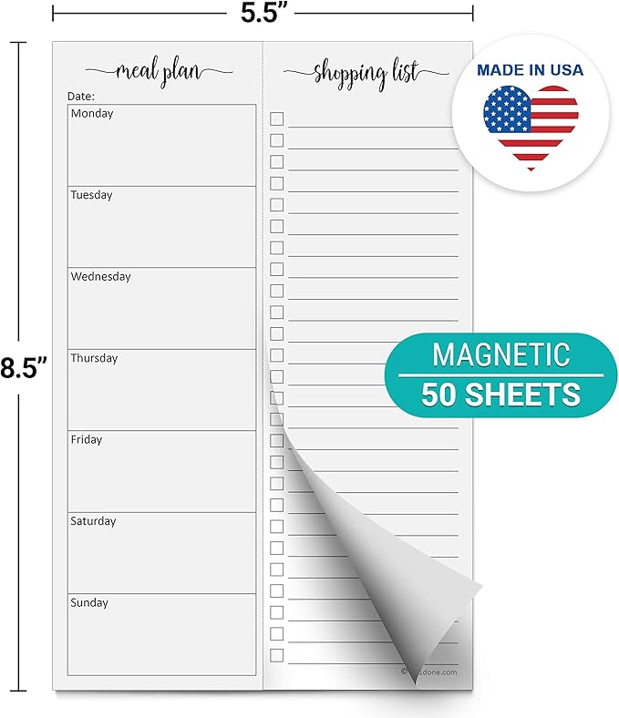 321Done Magnetic Meal Planning Notepad - Made in USA - Fridge Weekly Menu Planner Tear-Off Simple Shopping List Meals Groceries Grocery List, Magnet Memo Pad Refrigerator - Perforated Monday Start