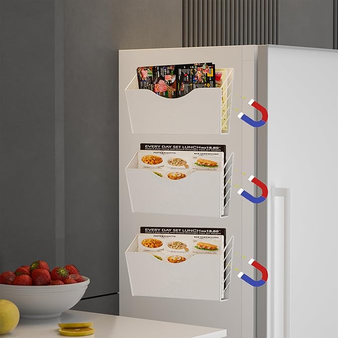 3 Pockets Magnetic File Holder for File Cabinets, Refrigerator, Whiteboard, Magnetic Paper Organizer, Magnetic Mail or Folder Holder,Magnetic Magazine Rack,Wall Mount Hanging Mail Organizer (white)