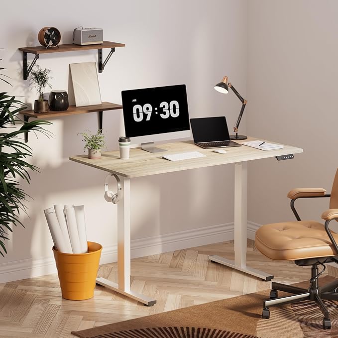 FLEXISPOT EN1 One-Piece Standing Desk, 48"x24" Seamless Desktop Electric Height Adjustable Desk for Home Office, Multi-Monitor Setups & Easy Assembly, White Wood Grain