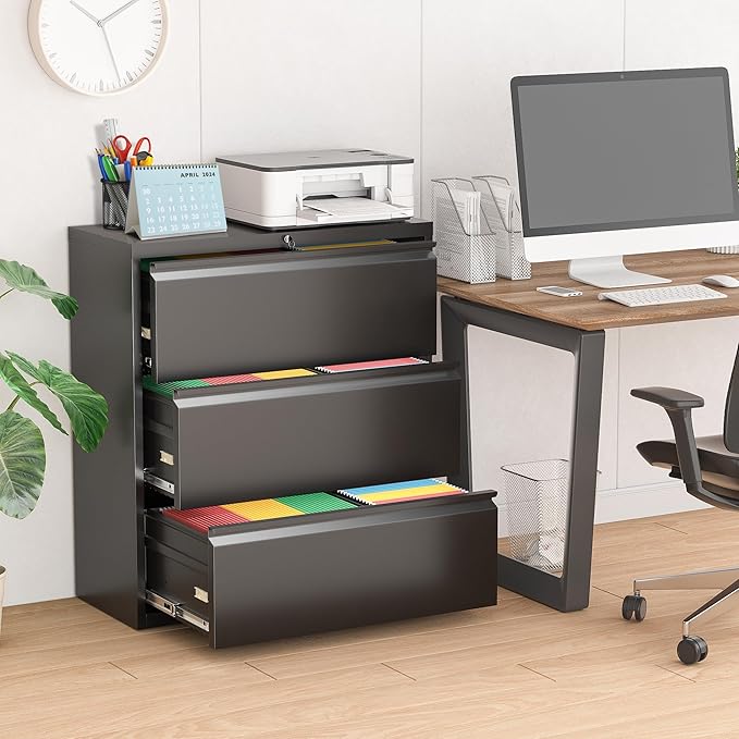 Pataku Metal Lateral File Cabinet with Lock, Steel Lateral Filing Cabinet 3 Drawer, Locking Office Home Wide Organization File Cabinet for Hanging Files Letter/Legal/F4/A4 Size(3Drawer/Black)