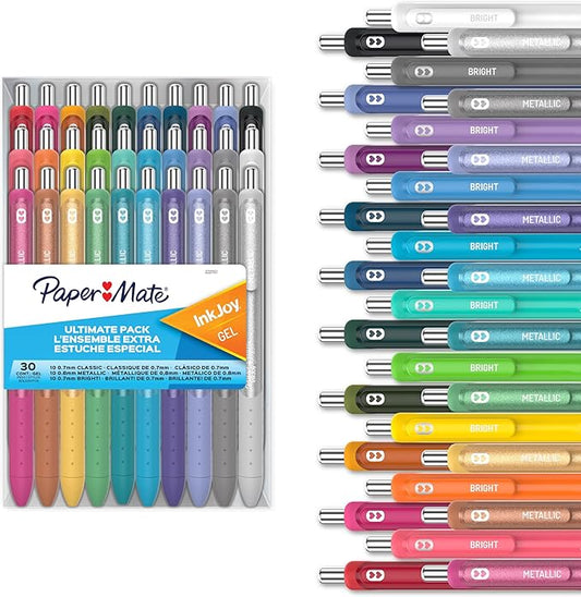 Paper Mate InkJoy Gel Pens Ultimate Pack,Retractable,Featuring Classic, Bright!, and Metallic Inks, Assorted, 30 Count - Perfect for Writing, Doodling, Bullet Journaling, Glitter, Sparkle, Writing Fun
