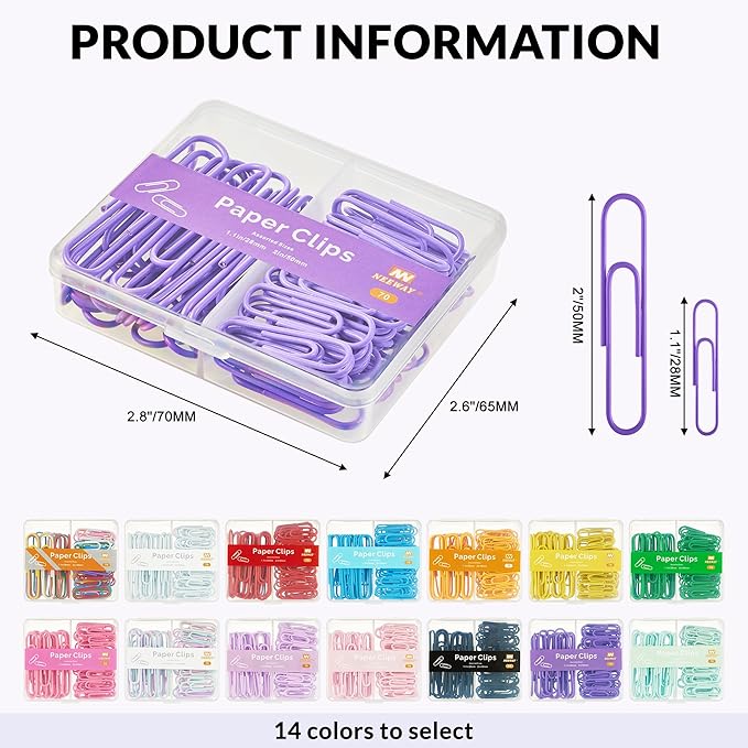 NEEWAY Colorful Paper Clips Assorted Sizes, Small and Large Paperclips, 210 Count, 3 Pack of 70 (Purple)