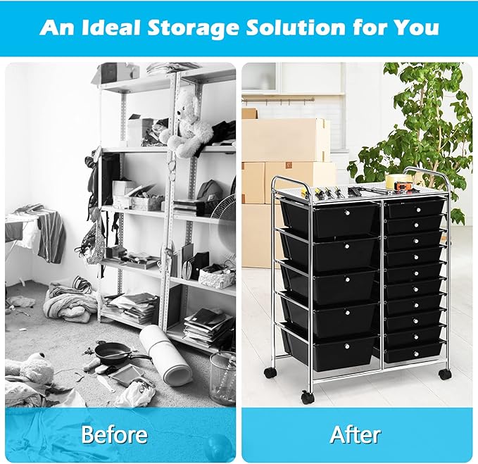 GOFLAME 15-Drawer Rolling Storage Cart, Craft Storage Cart with Removable Drawers & Lockable Wheels, Art Cart Supply Storage Organizer for Home Office Classroom, Black