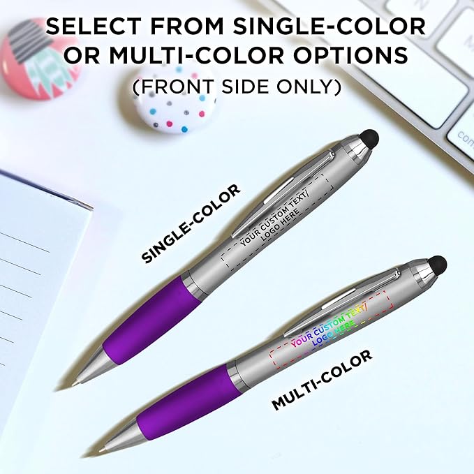 DISCOUNT PROMOS Custom Stylus Ballpoint Pens Set of 100, Personalized Bulk Pack - Black Ink, Great for Office, School, Business, Tradeshows, Events - Purple