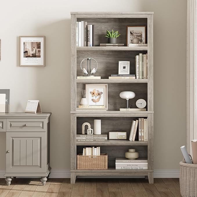 IDEALHOUSE 71" Farmhouse Bookshelf w/Adjustable Shelves & 31.5 in Whidth, 5 Tier Tall Bookshelf with Wooden Legs, Vintage Wooedn Book Shelf for Living Room Office (Gray, 71.3" H x 31.5" W x 11.8" D)