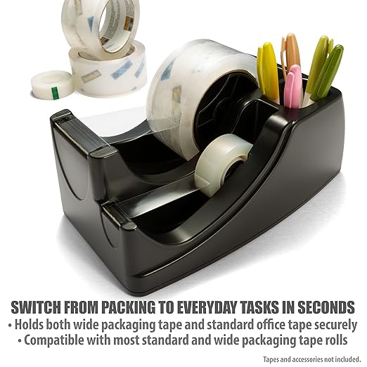 Officemate Recycled 2-in-1 Heavy Duty Tape Dispenser, 1" and 3" Cores, Black (96690)