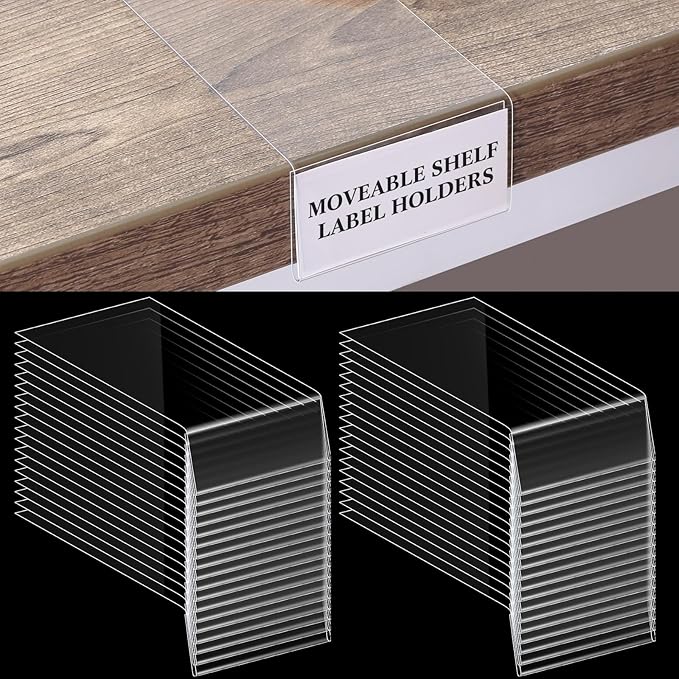 Containlol 50 Pcs Moveable Shelf Label Holders, Clear Bookshelf Label Library Shelf Markers Bookshelf Divider Tags for Library Office Classroom Home(6.5 x 2 x 1 Inch)
