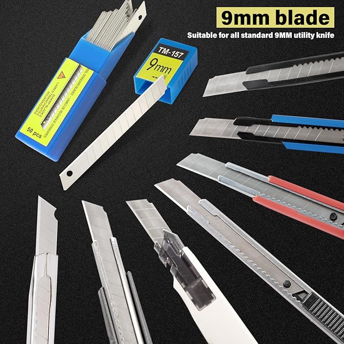Gomake 100PCS 9mm Box Cutter Knife Replacement Blades 60 Degree Carbon Steel 9mm Snap Off Blades,Fits Most Retractable Knives
