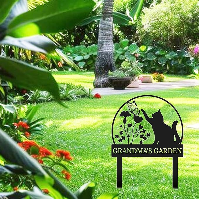Personalized Garden Sign | Custom Cat Garden Stake Sign | Funny Garden Signs Decorative | Garden Signs to Personalize | Cat Butterfly Yard Sign Pet Outdoor Sign | Animal Metal Sign Plaque