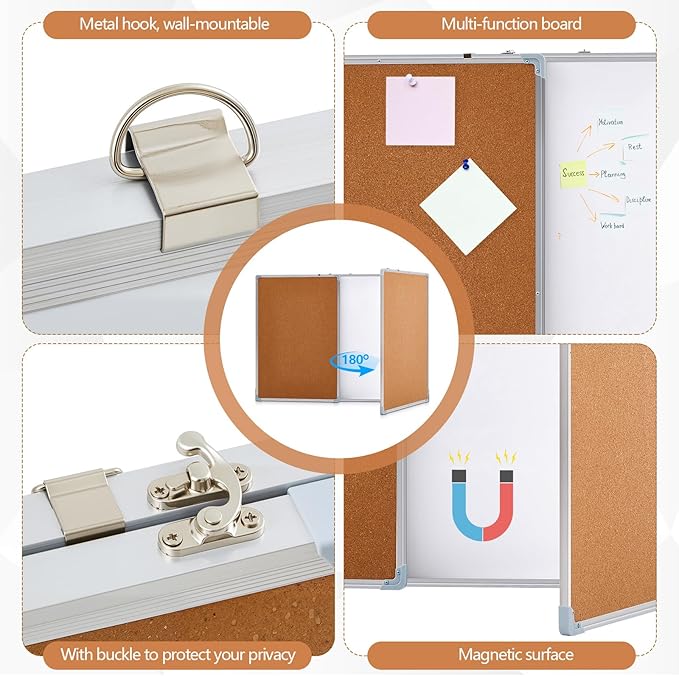 Mooliwe 96"x36" Tri-fold Cork Board Whiteboard Combo, Foldable Combination Magnetic Dry Erase Bulletin Board & Corkboard with Aluminum Frame Wall Mounted for Home, Office and School(Wood)