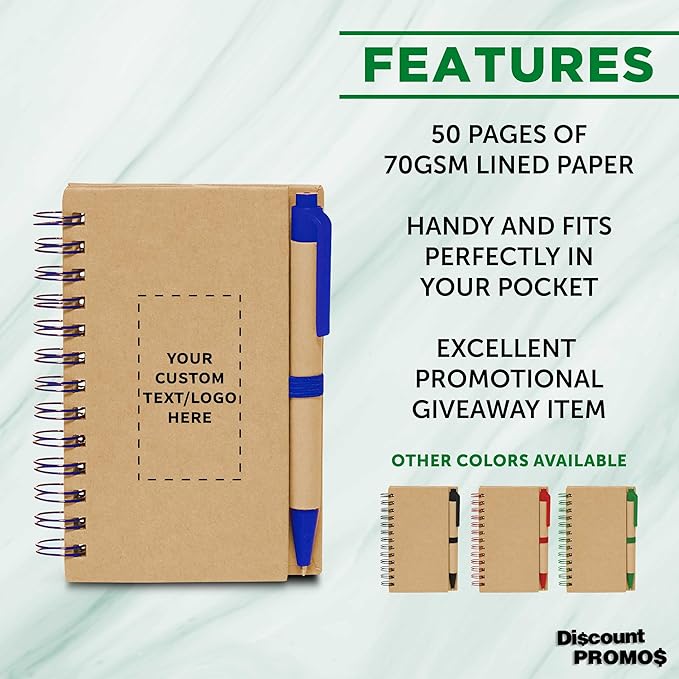 Custom Mini Spiral Notebooks with Black Ink Pens Set of 10/50/100, Personalized Bulk Pack - Perfect for School, Office, Business, Home - Blue