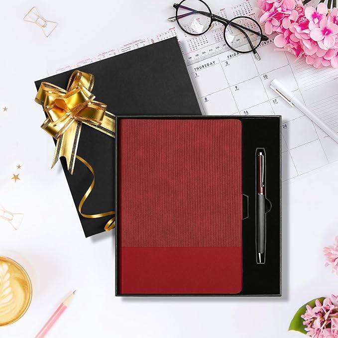 TSFPapier A5 Lined Notebook with Pen & Gift Box 216 Pages PU Leather Journals for Women Men 100GSM Thick Paper College Ruled Notebook for Christmas Gifts,School,Travel,Business,Work,Home Writing (Red)