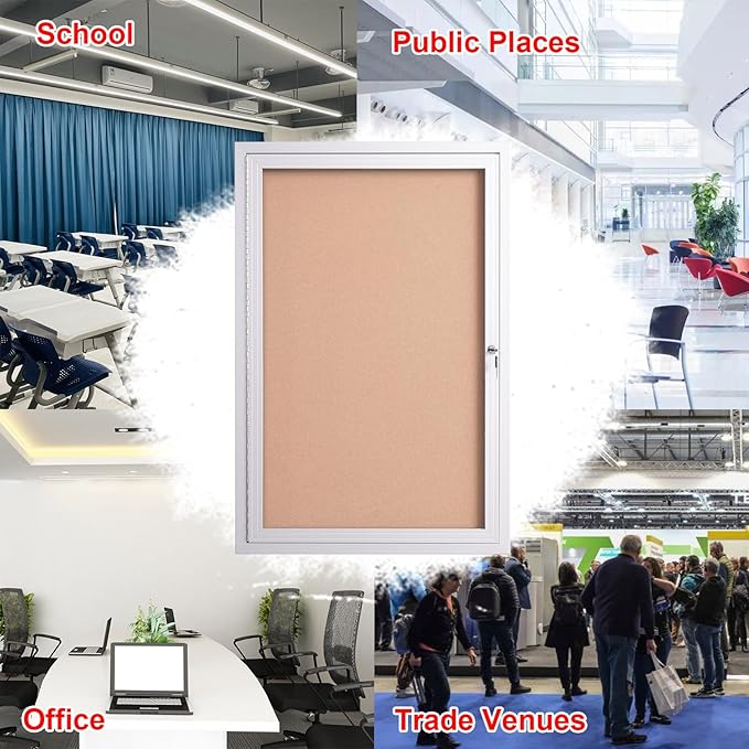 36×24 Inch Lockable Enclosed Bulletin Board, Weather-Resistant Outdoor Noticeboard with 2Locking Doors, Wall-Mounted Silver Aluminum Frame & Cork Presentation Board