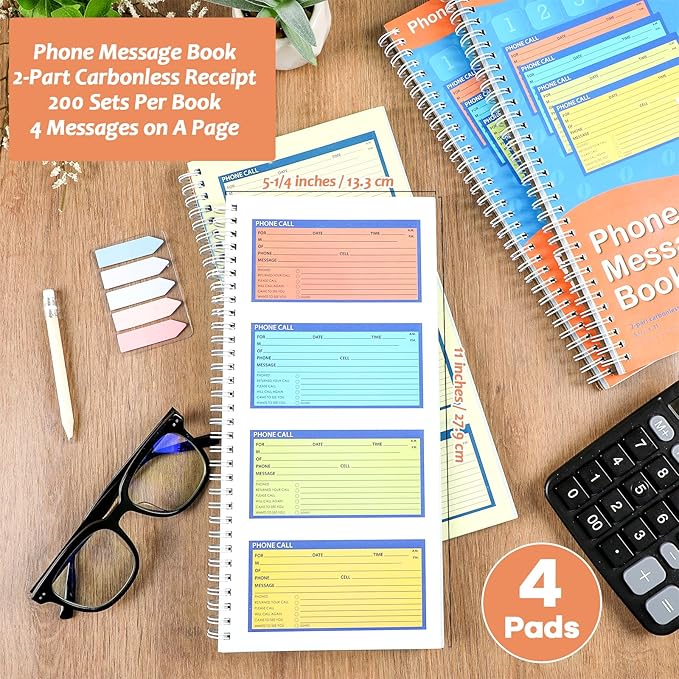Spiral Bound Phone Message Book 5-1/4x11inch Phone Message Forms Book 2 Part Carbonless Phone Message Pads Phone Call Log Book Voicemail Log Book While You Were Out Message Pad 4 Messages/Page
