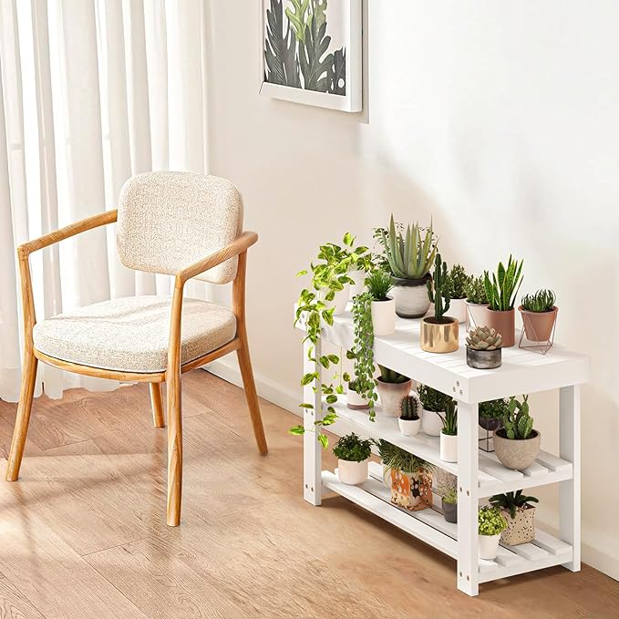 Pipishell Bamboo Shoe Rack Bench, 3-Tier Sturdy Shoe Organizer, Storage Shoe Bench, Holds up to 300lbs for Entryway Bedroom Living Room Balcony (White)