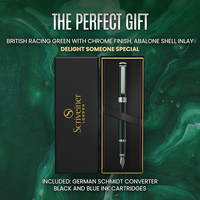 Scriveiner British Racing Green Fountain Pen - Stunning Luxury Pen with Chrome Finish, Schmidt Nib (Fine), Best Pen Gift Set for Men & Women, Professional, Executive, Office, Nice Pens