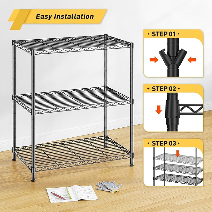 3 Tier Storage Shelves Metal Shelving Unit,Adjustable Wire Rack Pantry Kitchen Shelves,Small Shelf Wire Shelving for Laundry Office Bedroom Dorm Bathroom Closet 24" W x 30" H x 14" D Black Shelves