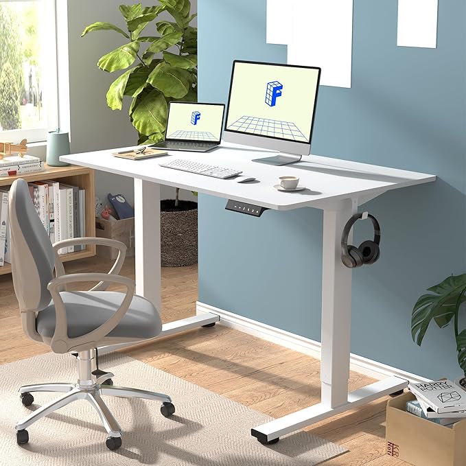 FLEXISPOT EN1 One-Piece Standing Desk with 1-Inch Thick Seamless Desktop, 48"x30" Electric Height Adjustable Desk for Home Office, Multi-Monitor Setups & Easy Assembly, White