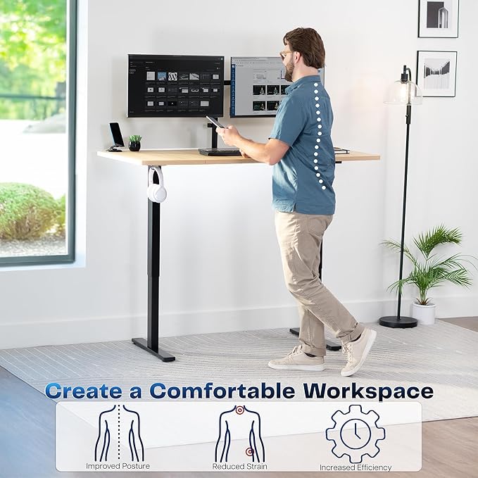 VIVO Electric 60 x 30 in Standing Desk, Memory Height Adjustment, 1B Series, Holds 220 lbs, Light Wood Top Black Frame, DESK-KIT-1B6C-30