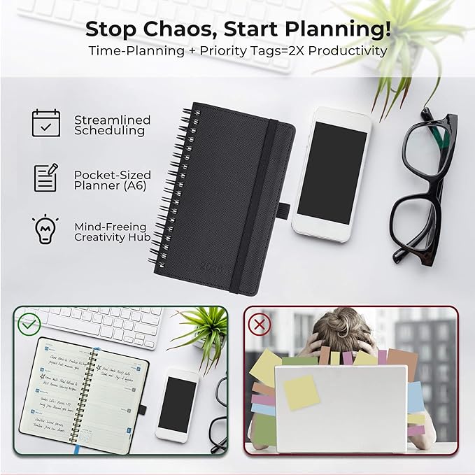 IN-LUXPRO Planner 2026 Daily Weekly and Monthly,6.5"x3.75",12 Months Spiral Bound Calendar Agenda with Self-adhesive Pen Holder,2026 Appointment Book with Vegan Leather Soft Cover,Black
