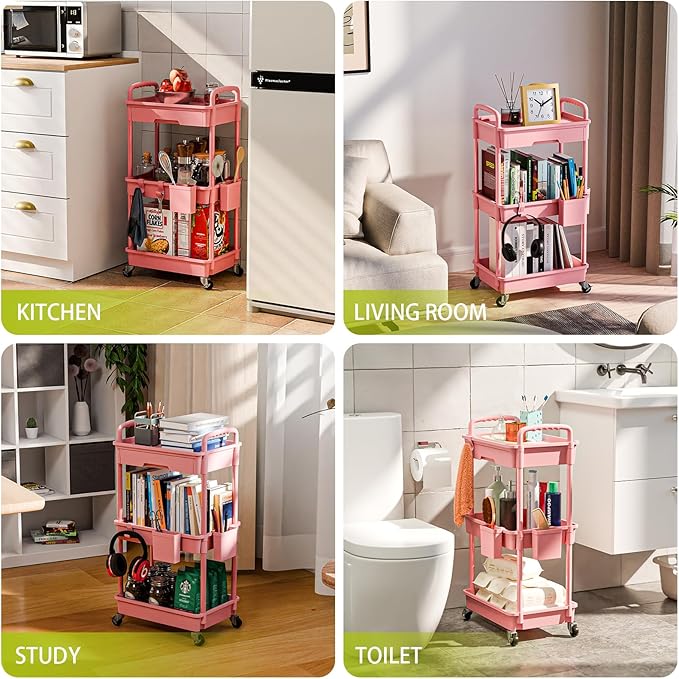 Sorgion 3 Tier Rolling Cart Organizer,Laundry Room Bathroom Organizers and Storage Office Shelves Mobile Shelving Unit Kitchen Trolley Cart with Wheels for Art,Craft,Diaper,Bedside,Snack(Pink)