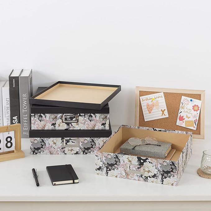 Soul & Lane Decorative Storage Boxes with Lids for Organizing, Set of 3 Floral Jumbo Scrapbook Letter Storage Boxes for Documents, Photos, Keepsakes, Memories, Garden Noir