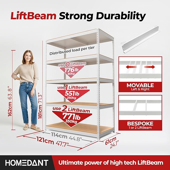 HOMEDANT 5 Tier Storage Shelves Adjustable Laminated Boltless Garage Metal Shelving Unit Heavy Duty Utility Rack Shelf Warehouse Pantry Closet Kitchen (2, (XL Deep) 48.1" W, White)