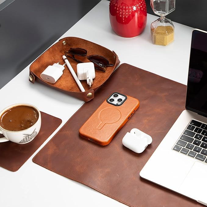 Node Leather - Genuine Leather Desk Mat (32" x 16"), Desk Organizer & Cup Coaster - Leather Office Set - Premium Handmade Office Accessories for Elegant Workspace - Brown