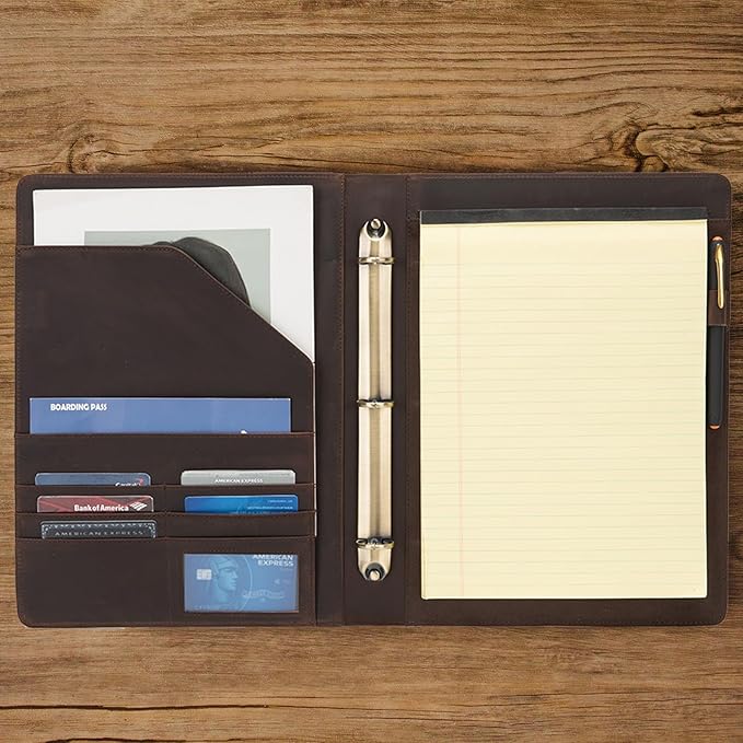 Geslun Genuine Leather 3 Ring Binder, 8.5 x 11 Letter Size Folio with Pen Holder, Soft Notebook Portfolio Cover, Slim Notepad Padfolio Thin File Organizer for Work Executive Meeting, Dark Brown