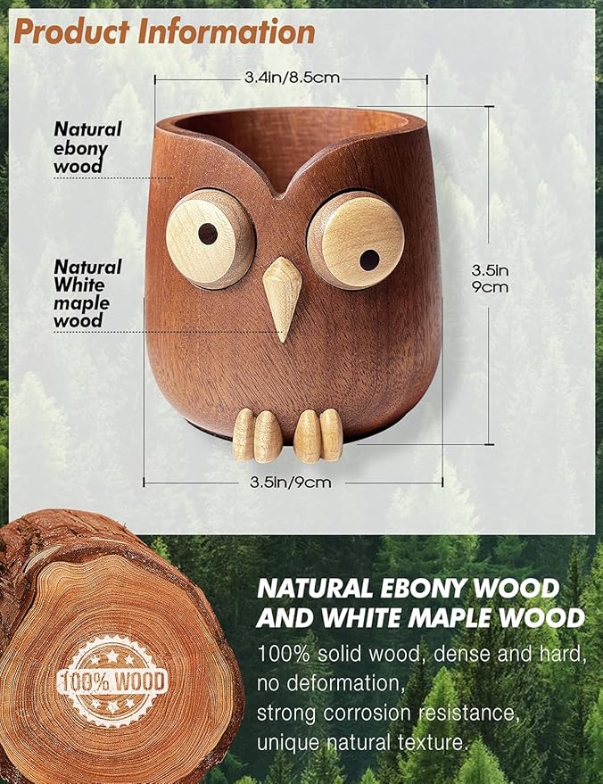 WODTILIFE Cute Owl Pen Holder for desk, funny wooden pencil holder with Magnetic Rotating Eyes, Ebony solid wood hollow design, for Office accessories School Home and Holiday Gifts.(Brown)