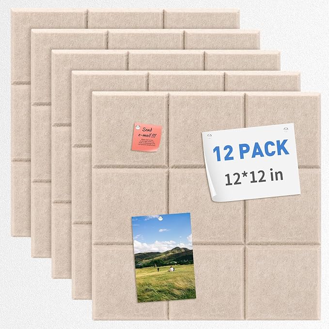 Smarpau Cork Board 48"X36", 12 Pack Nine-Grid Felt Bulletin Boards, Small Pin Board with Removable Adhesive Tabs Pushpins, Cork Wall Tiles for Office Home Classroom Decor -Deep Camel